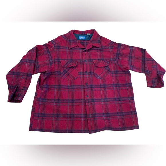 80s PENDLETON WOOL RED BLACK & BLUE PLAID BUTTON DOWN SHIRT W LOSE FLAP POCKETS - Picture 2 of 7